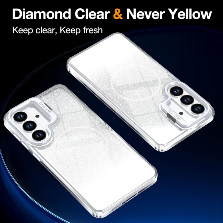 Custodia per telefono con cornice magnetica e supporto per obiettivo con effetto sfumato glitterato, For Samsung Galaxy S26+ 5G, For Samsung Galaxy S26 Ultra 5G, For Samsung Galaxy S26 5G, For Samsung Galaxy S25 FE 5G