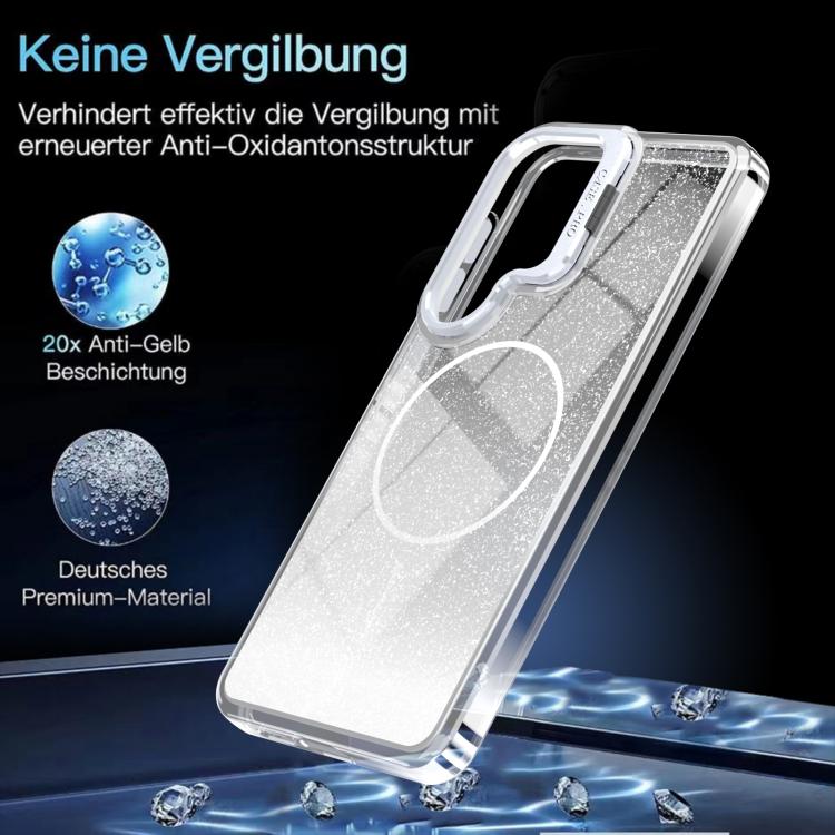 Custodia per telefono con cornice magnetica e supporto per obiettivo con effetto sfumato glitterato, For Samsung Galaxy S26+ 5G, For Samsung Galaxy S26 Ultra 5G, For Samsung Galaxy S26 5G, For Samsung Galaxy S25 FE 5G