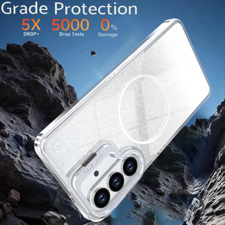 Custodia per telefono con cornice magnetica e supporto per obiettivo con effetto sfumato glitterato, For Samsung Galaxy S26+ 5G, For Samsung Galaxy S26 Ultra 5G, For Samsung Galaxy S26 5G, For Samsung Galaxy S25 FE 5G