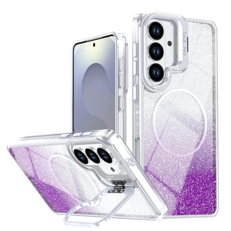 Custodia per telefono con cornice magnetica e supporto per obiettivo con effetto sfumato glitterato, For Samsung Galaxy S26+ 5G, For Samsung Galaxy S26 Ultra 5G, For Samsung Galaxy S26 5G, For Samsung Galaxy S25 FE 5G