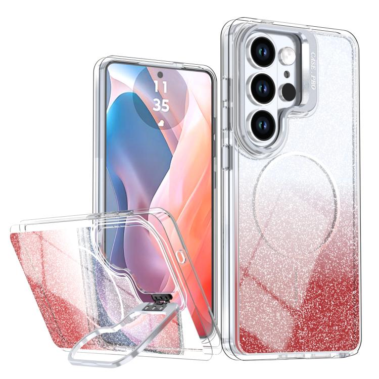 Custodia per telefono con cornice magnetica e supporto per obiettivo con effetto sfumato glitterato, For Samsung Galaxy S25 Edge 5G, For Samsung Galaxy S25 / S24 5G, For Samsung Galaxy S25+ / S24+ 5G, For Samsung Galaxy S25 Ultra 5G