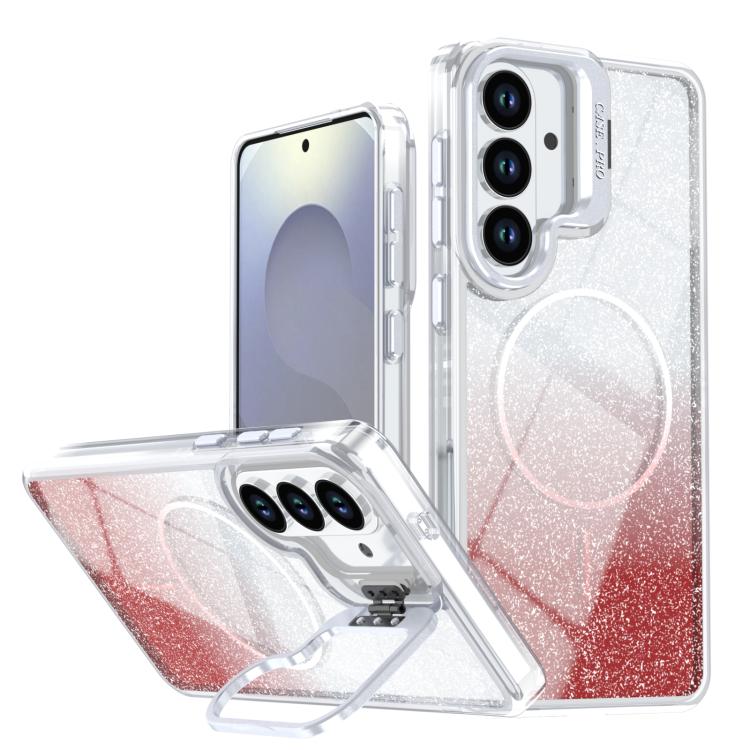 Custodia per telefono con cornice magnetica e supporto per obiettivo con effetto sfumato glitterato, For Samsung Galaxy S25 Edge 5G, For Samsung Galaxy S25 / S24 5G, For Samsung Galaxy S25+ / S24+ 5G, For Samsung Galaxy S25 Ultra 5G