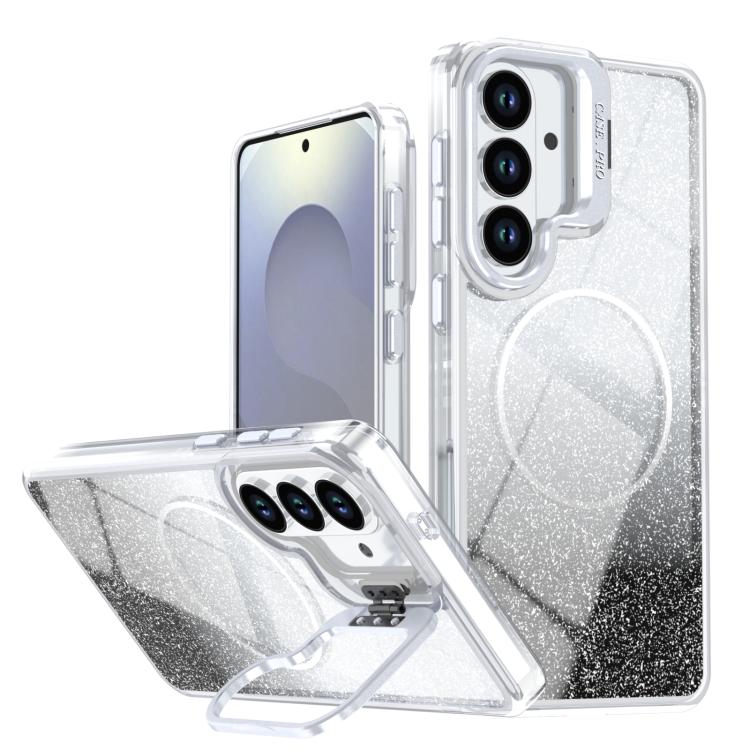 Custodia per telefono con cornice magnetica e supporto per obiettivo con effetto sfumato glitterato, For Samsung Galaxy S25 Edge 5G, For Samsung Galaxy S25 / S24 5G, For Samsung Galaxy S25+ / S24+ 5G, For Samsung Galaxy S25 Ultra 5G