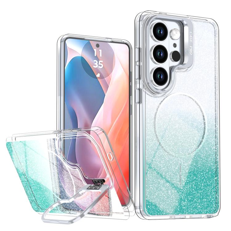 Custodia per telefono con cornice magnetica e supporto per obiettivo con effetto sfumato glitterato, For Samsung Galaxy S24 FE 5G, For Samsung Galaxy S24 Ultra 5G