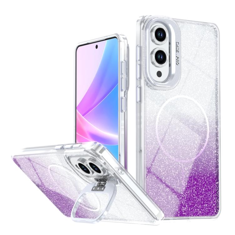 Custodia per telefono con cornice magnetica e supporto per obiettivo con effetto sfumato glitterato, For Samsung Galaxy S25 Edge 5G, For Samsung Galaxy S25 / S24 5G, For Samsung Galaxy S25+ / S24+ 5G, For Samsung Galaxy S25 Ultra 5G