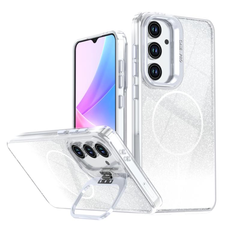 Custodia per telefono con cornice magnetica e supporto per obiettivo con effetto sfumato glitterato, For Samsung Galaxy S26+ 5G, For Samsung Galaxy S26 Ultra 5G, For Samsung Galaxy S26 5G, For Samsung Galaxy S25 FE 5G