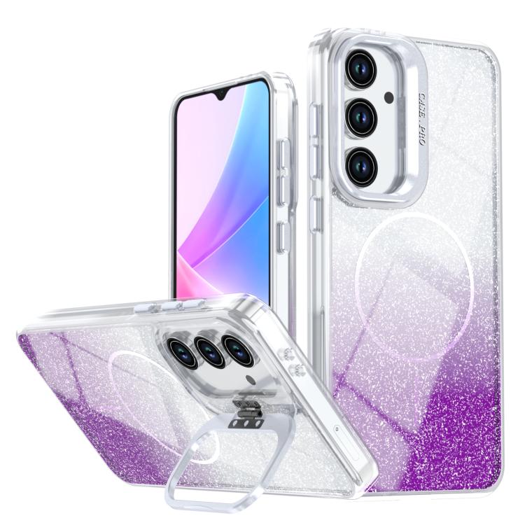 Custodia per telefono con cornice magnetica e supporto per obiettivo con effetto sfumato glitterato, For Samsung Galaxy S26+ 5G, For Samsung Galaxy S26 Ultra 5G, For Samsung Galaxy S26 5G, For Samsung Galaxy S25 FE 5G