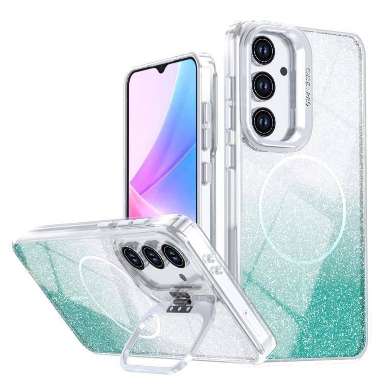 Custodia per telefono con cornice magnetica e supporto per obiettivo con effetto sfumato glitterato, For Samsung Galaxy S24 FE 5G, For Samsung Galaxy S24 Ultra 5G