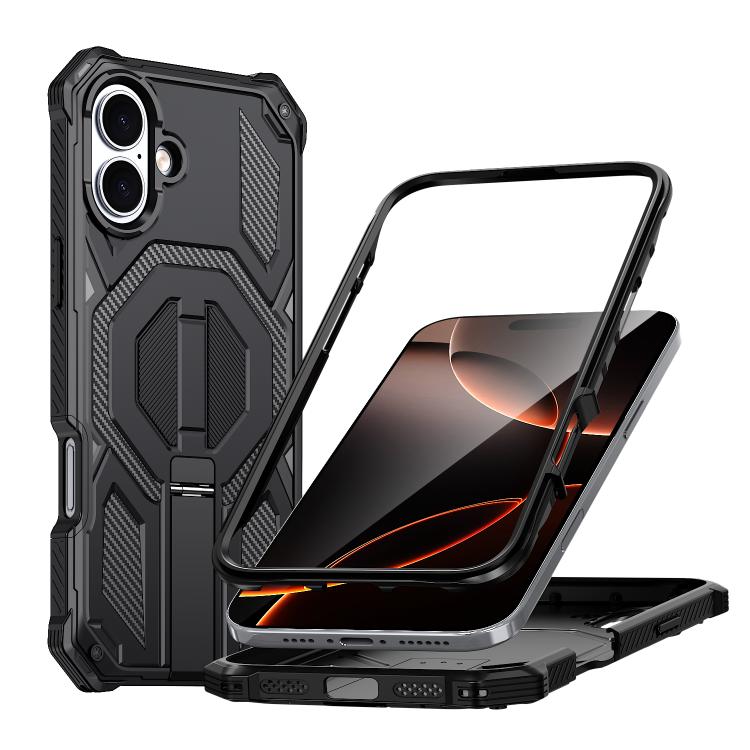 Custodia per telefono antiurto con supporto metallico nascosto e magnetico., For iPhone 16 Pro Max, For iPhone 16 Pro, For iPhone 16 Plus, For iPhone 16