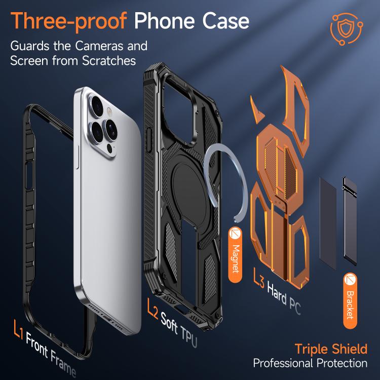 Custodia per telefono antiurto con supporto metallico nascosto e magnetico., For iPhone 15 Pro Max, For iPhone 15 Pro, For iPhone 15 Plus / 14 Plus, For iPhone 15