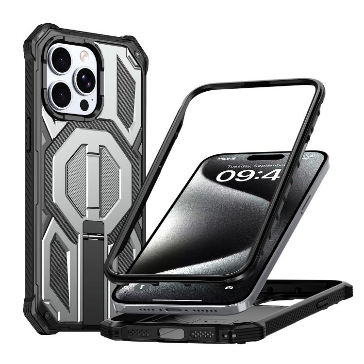 Custodia per telefono antiurto con supporto metallico nascosto e magnetico., For iPhone 15 Pro Max, For iPhone 15 Pro, For iPhone 15 Plus / 14 Plus, For iPhone 15
