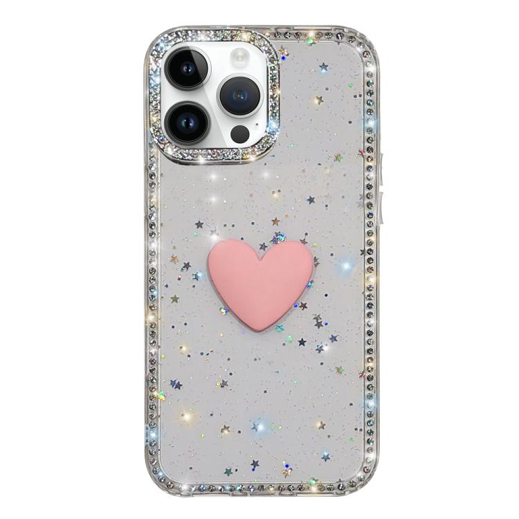 Custodia per telefono IMD Love Heart con strass flash su entrambi i lati, For iPhone 15 Pro Max, For iPhone 15 Pro