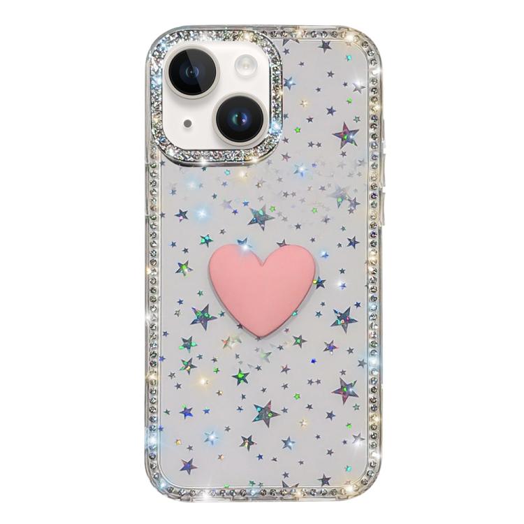 Custodia per telefono IMD Love Heart con strass flash su entrambi i lati, For iPhone 15, For iPhone 14