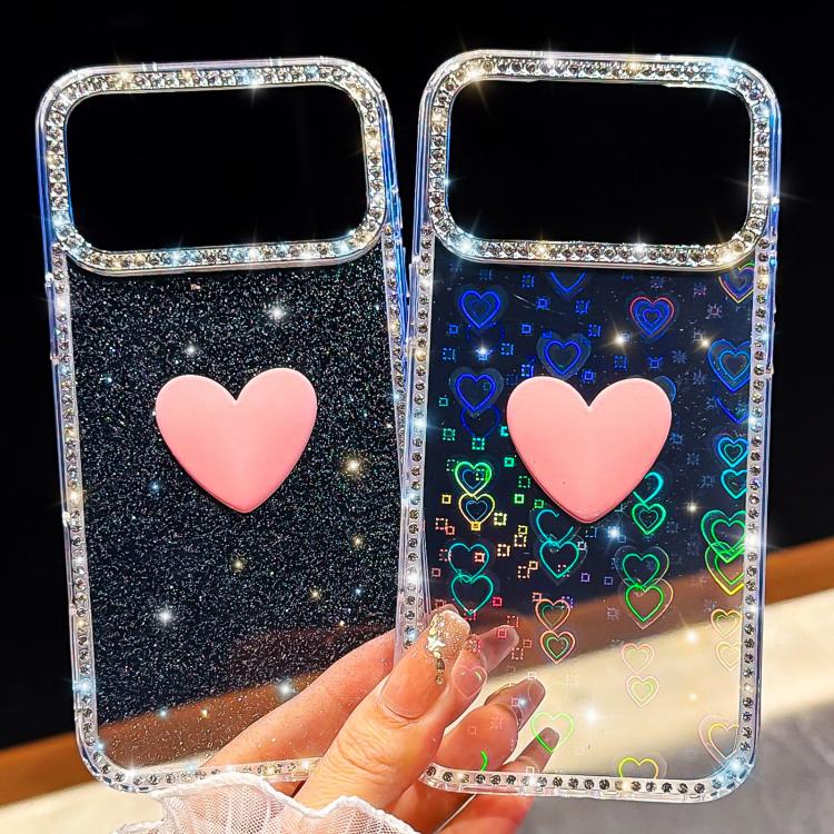 Custodia per telefono IMD Love Heart con strass flash su entrambi i lati, For iPhone 16 Pro Max, For iPhone 16 Pro
