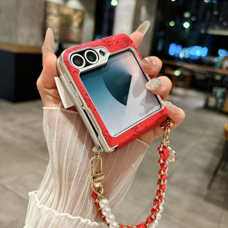 Custodia per telefono con cinturino e fibbia laterale, con motivo a rosa in rilievo., For Samsung Galaxy Z Flip6 / Flip7 FE, For Samsung Galaxy Z Flip7 5G, For Samsung Galaxy Z Flip5