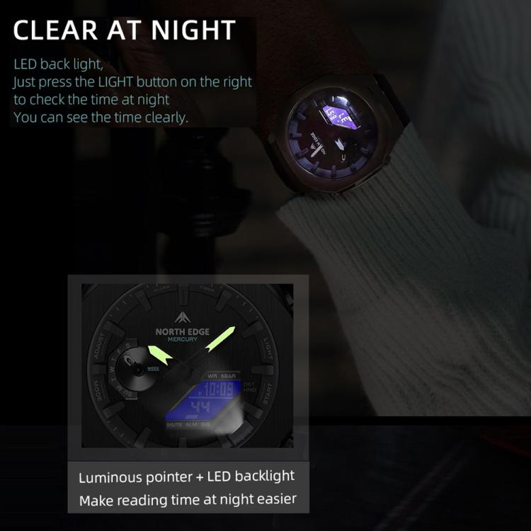 Orologio elettronico luminoso NORTH EDGE Mercury Outdoor Sports in lega di zinco, impermeabile fino a 5 ATM.