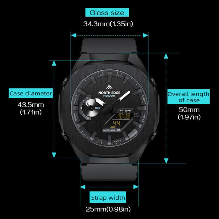 Orologio elettronico luminoso NORTH EDGE Mercury Outdoor Sports in lega di zinco, impermeabile fino a 5 ATM.