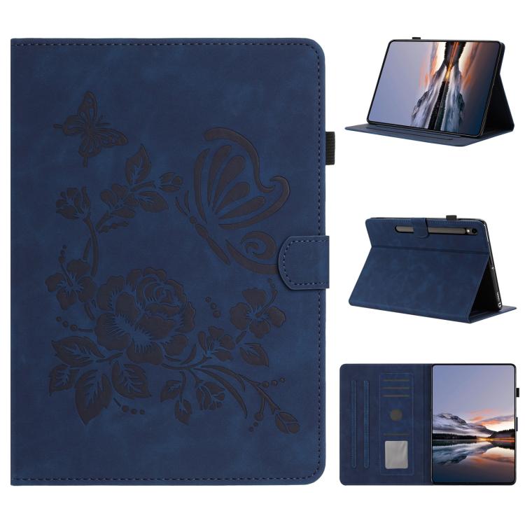 Custodia per tablet in pelle con stampa a rilievo "Farfalla ama i fiori", For Samsung Galaxy Tab A11+ / A9+, For Samsung Galaxy Tab S9 / S9 FE, For Samsung Galaxy Tab S11, For Samsung Galaxy Tab S10 FE+