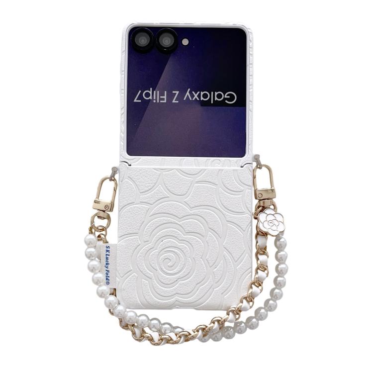 Custodia per telefono con cinturino e fibbia laterale, decorata con camelia in rilievo., For Samsung Galaxy Z Flip7 5G