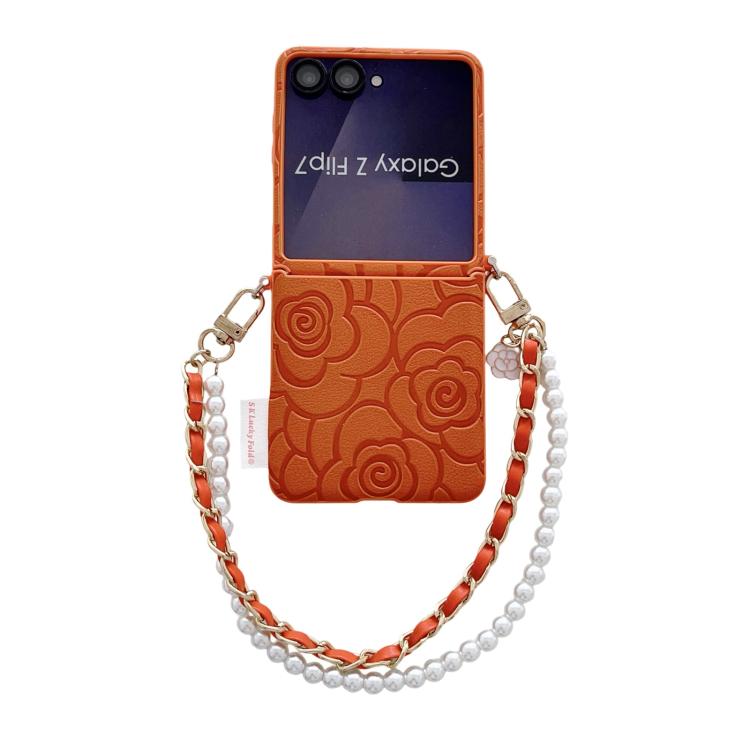 Custodia per telefono con cinturino e fibbia laterale, decorata con camelia in rilievo., For Samsung Galaxy Z Flip7 5G