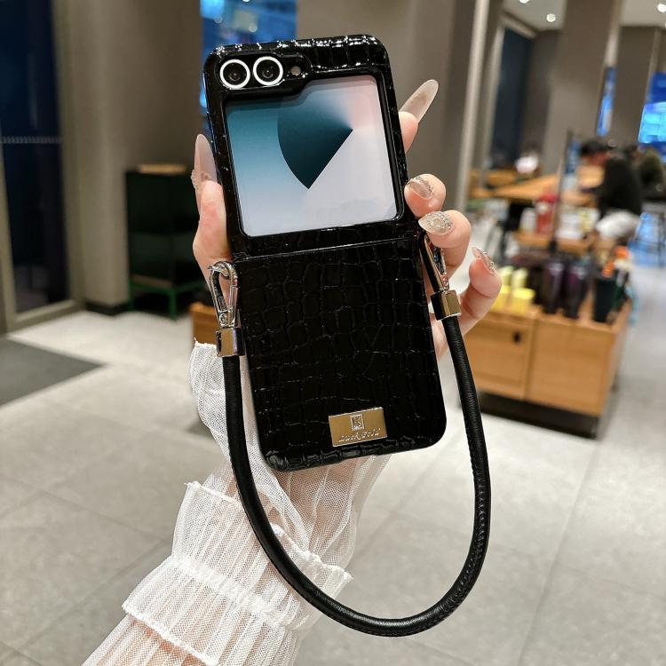 Custodia per telefono con targhetta in stile targhetta e motivo coccodrillo lucido, For Samsung Galaxy Z Flip6 5G / Flip7 FE, For Samsung Galaxy Z Flip7 5G
