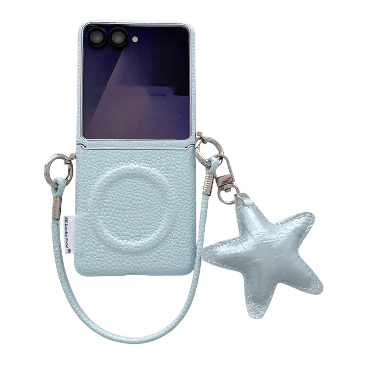 Custodia per telefono con texture litchi, fibbia laterale argentata e cinturino a stella, con chiusura magnetica e bordo argentato., For Samsung Galaxy Z Flip6 5G / Flip7 FE, For Samsung Galaxy Z Flip7 5G, For Samsung Galaxy Z Flip5 5G