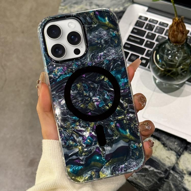 Custodia magnetica per telefono con texture a conchiglia placcata in oro., For iPhone 16, For iPhone 15 Pro Max, For iPhone 15 Pro, For iPhone 15