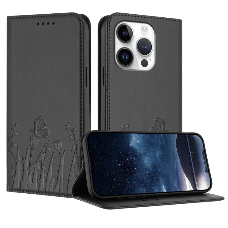 Custodia magnetica per telefono in ecopelle con motivo tulipani e farfalle., For iPhone 16 Pro, For iPhone 16 Plus