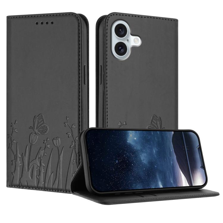 Custodia magnetica per telefono in ecopelle con motivo tulipani e farfalle., For iPhone 16 Pro, For iPhone 16 Plus