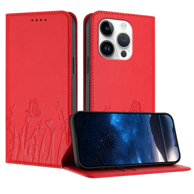 Custodia magnetica per telefono in ecopelle con motivo tulipani e farfalle., For iPhone 14, For iPhone 14 Pro