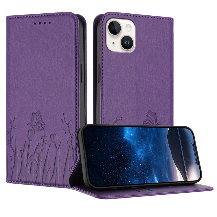 Custodia magnetica per telefono in ecopelle con motivo tulipani e farfalle., For iPhone 15, For iPhone 14 Plus