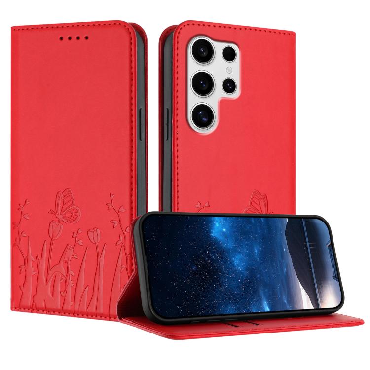 Custodia magnetica per telefono in ecopelle con motivo tulipani e farfalle., For Samsung Galaxy S25+ 5G, For Samsung Galaxy S25 Ultra 5G