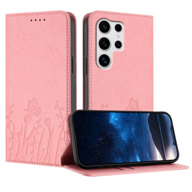 Custodia magnetica per telefono in ecopelle con motivo tulipani e farfalle., For Samsung Galaxy S25+ 5G, For Samsung Galaxy S25 Ultra 5G