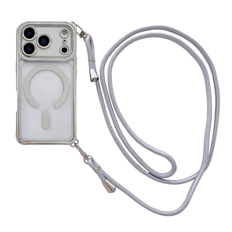 Custodia magnetica per telefono in acrilico trasparente galvanizzato con strass e cordino a tracolla sul lato destro., For iPhone 17 Pro Max, For iPhone 17 Pro, For iPhone 17, For iPhone Air