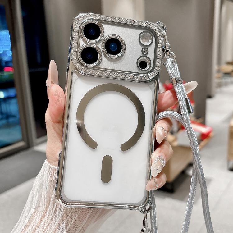 Custodia magnetica per telefono in acrilico trasparente galvanizzato con strass e cordino a tracolla sul lato destro., For iPhone 17 Pro Max, For iPhone 17 Pro, For iPhone 17, For iPhone Air