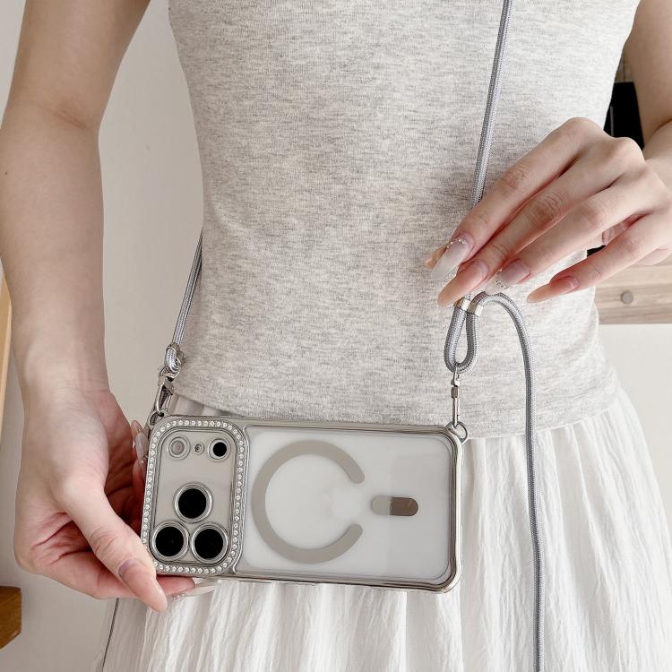 Custodia magnetica per telefono in acrilico trasparente galvanizzato con strass e cordino a tracolla sul lato destro., For iPhone 17 Pro Max, For iPhone 17 Pro, For iPhone 17, For iPhone Air