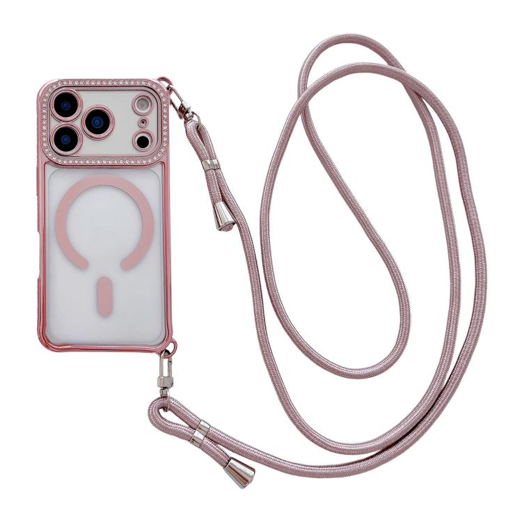 Custodia magnetica per telefono in acrilico trasparente galvanizzato con strass e cordino a tracolla sul lato destro., For iPhone 17 Pro Max, For iPhone 17 Pro, For iPhone 17, For iPhone Air