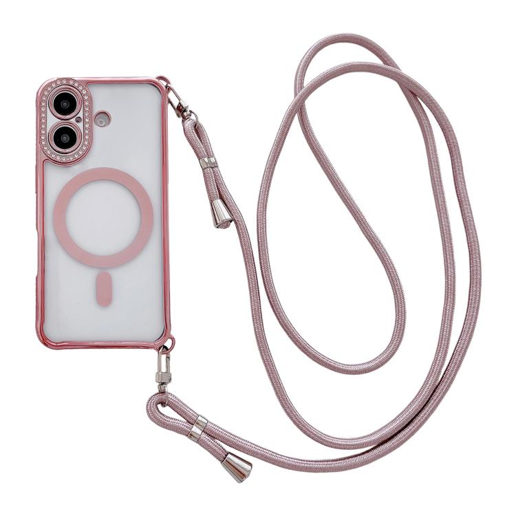 Custodia magnetica per telefono in acrilico trasparente galvanizzato con strass e cordino a tracolla sul lato destro., For iPhone 17 Pro Max, For iPhone 17 Pro, For iPhone 17, For iPhone Air