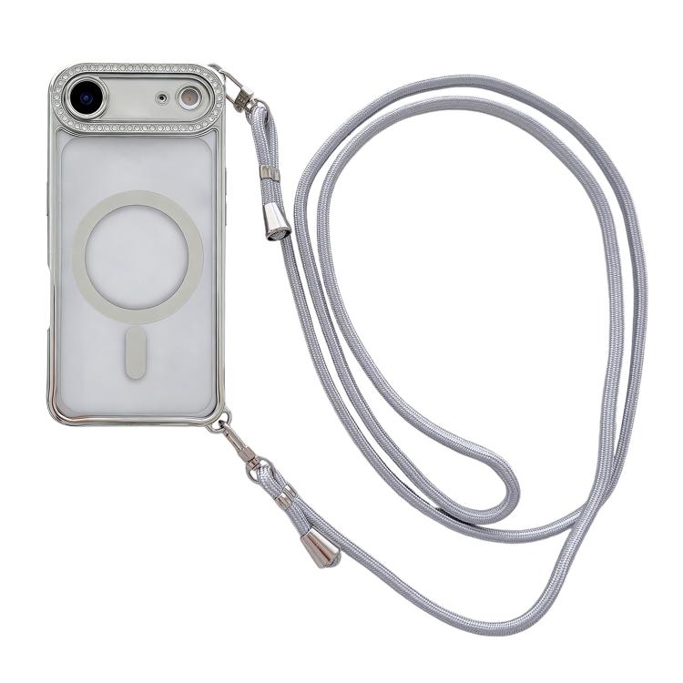 Custodia magnetica per telefono in acrilico trasparente galvanizzato con strass e cordino a tracolla sul lato destro., For iPhone 17 Pro Max, For iPhone 17 Pro, For iPhone 17, For iPhone Air
