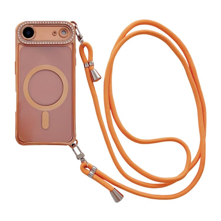 Custodia magnetica per telefono in acrilico trasparente galvanizzato con strass e cordino a tracolla sul lato destro., For iPhone 17 Pro Max, For iPhone 17 Pro, For iPhone 17, For iPhone Air