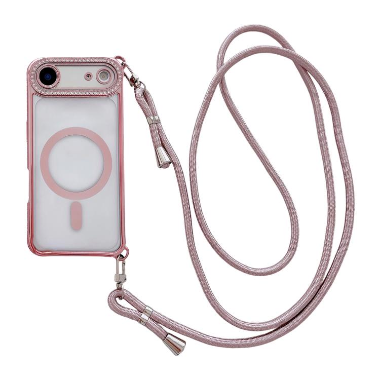 Custodia magnetica per telefono in acrilico trasparente galvanizzato con strass e cordino a tracolla sul lato destro., For iPhone 17 Pro Max, For iPhone 17 Pro, For iPhone 17, For iPhone Air