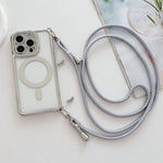 Custodia magnetica per telefono in acrilico trasparente galvanizzato con strass e cordino a tracolla sul lato destro., For iPhone 16 Pro Max, For iPhone 16 Pro, For iPhone 16 Plus, For iPhone 16