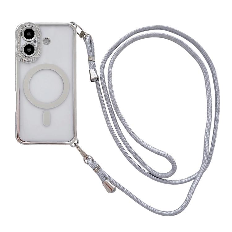 Custodia magnetica per telefono in acrilico trasparente galvanizzato con strass e cordino a tracolla sul lato destro., For iPhone 16 Pro Max, For iPhone 16 Pro, For iPhone 16 Plus, For iPhone 16