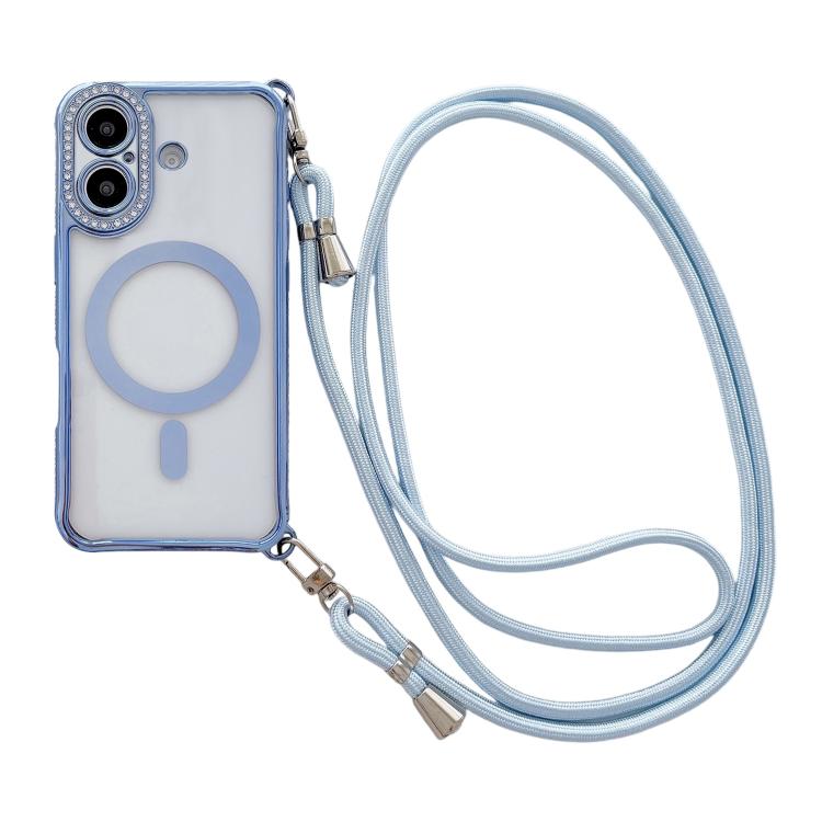 Custodia magnetica per telefono in acrilico trasparente galvanizzato con strass e cordino a tracolla sul lato destro., For iPhone 16 Pro Max, For iPhone 16 Pro, For iPhone 16 Plus, For iPhone 16