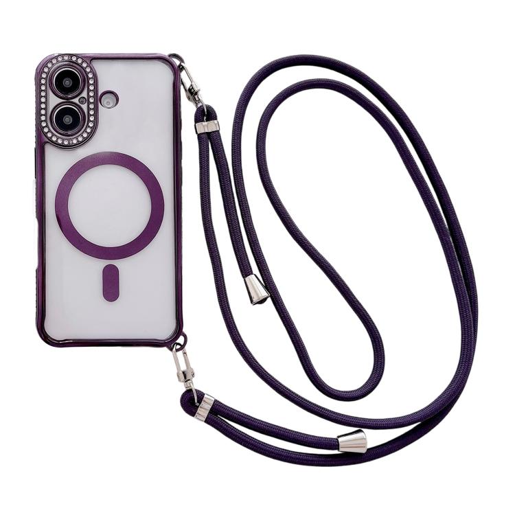 Custodia magnetica per telefono in acrilico trasparente galvanizzato con strass e cordino a tracolla sul lato destro., For iPhone 16 Pro Max, For iPhone 16 Pro, For iPhone 16 Plus, For iPhone 16
