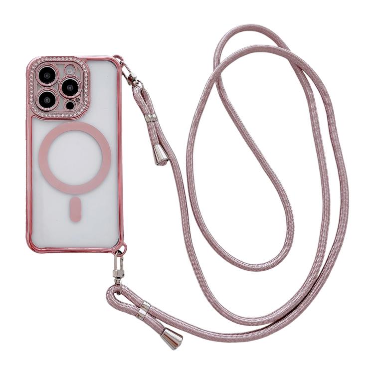 Custodia magnetica per telefono in acrilico trasparente galvanizzato con strass e cordino a tracolla sul lato destro., For iPhone 15 Pro Max, For iPhone 15 Pro, For iPhone 15 Plus / 14 Plus, For iPhone 15