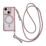 Custodia magnetica per telefono in acrilico trasparente galvanizzato con strass e cordino a tracolla sul lato destro., For iPhone 15 Pro Max, For iPhone 15 Pro, For iPhone 15 Plus / 14 Plus, For iPhone 15