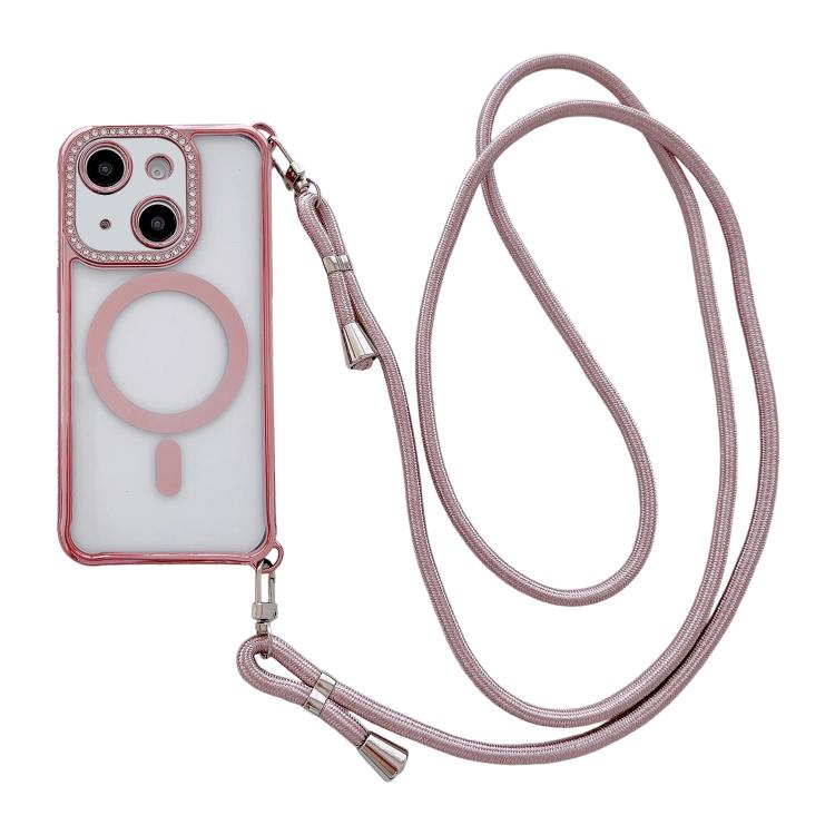 Custodia magnetica per telefono in acrilico trasparente galvanizzato con strass e cordino a tracolla sul lato destro., For iPhone 15 Pro Max, For iPhone 15 Pro, For iPhone 15 Plus / 14 Plus, For iPhone 15