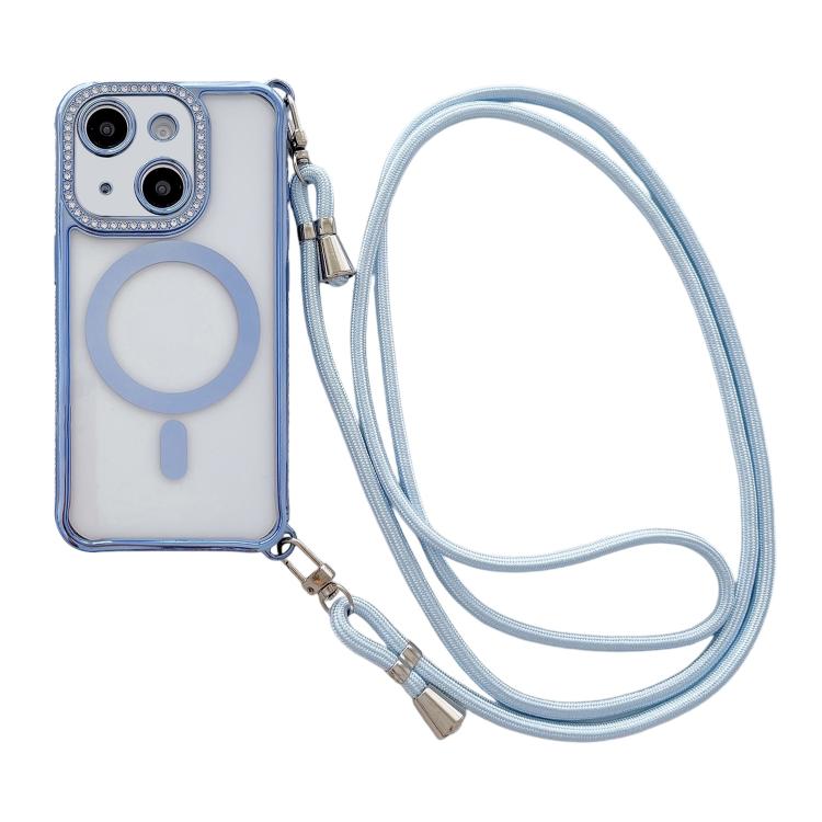 Custodia magnetica per telefono in acrilico trasparente galvanizzato con strass e cordino a tracolla sul lato destro., For iPhone 15 Pro Max, For iPhone 15 Pro, For iPhone 15 Plus / 14 Plus, For iPhone 15