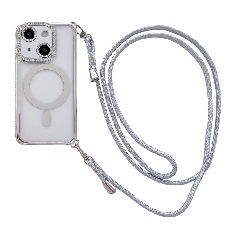 Custodia magnetica per telefono in acrilico trasparente galvanizzato con strass e cordino a tracolla sul lato destro., For iPhone 14 / 13, For iPhone 14 Pro, For iPhone 14 Pro Max, For iPhone 13 Pro Max